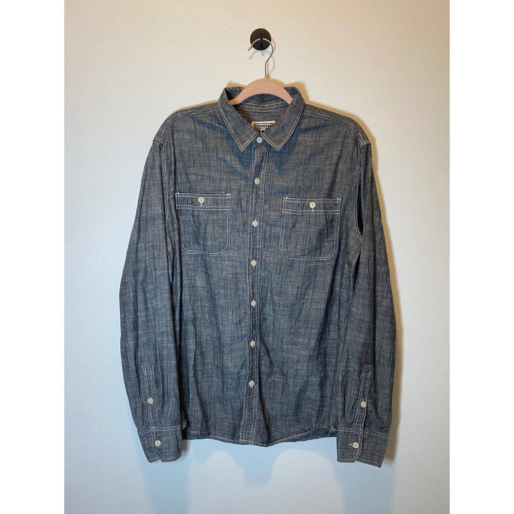 Converse One Star Mens‎ Large Blue Chambray Button Down Shirt Long Sleeve Cotton
